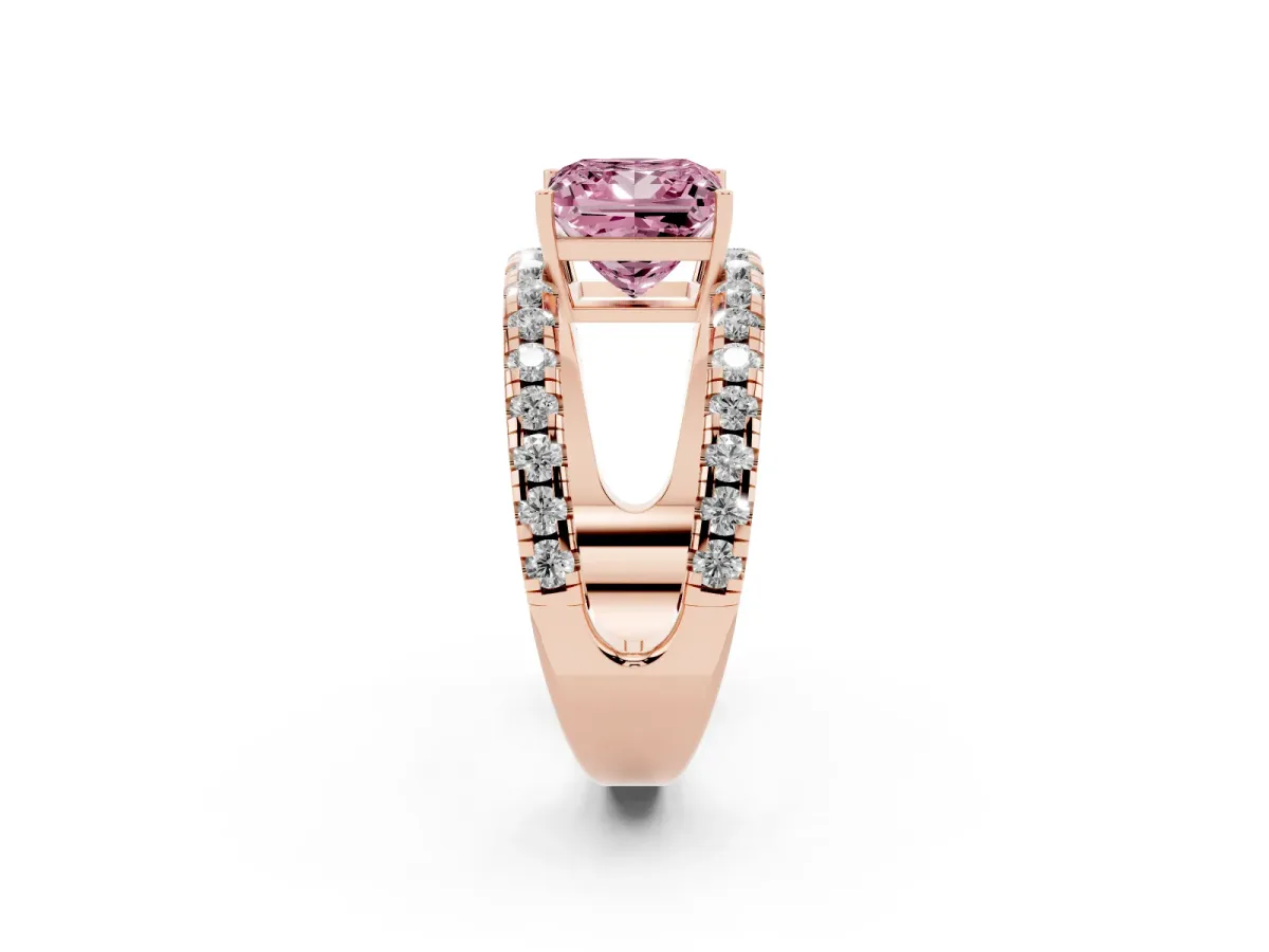 Fancy Pink Princess Cut Solitaire Split Shank Pave Diamond Ring Rose gold