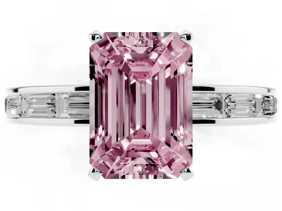 Fancy Pink Emerald Cut Solitaire Diamond Ring with Channel-Set Baguette Band and Four-Prong Setting White gold