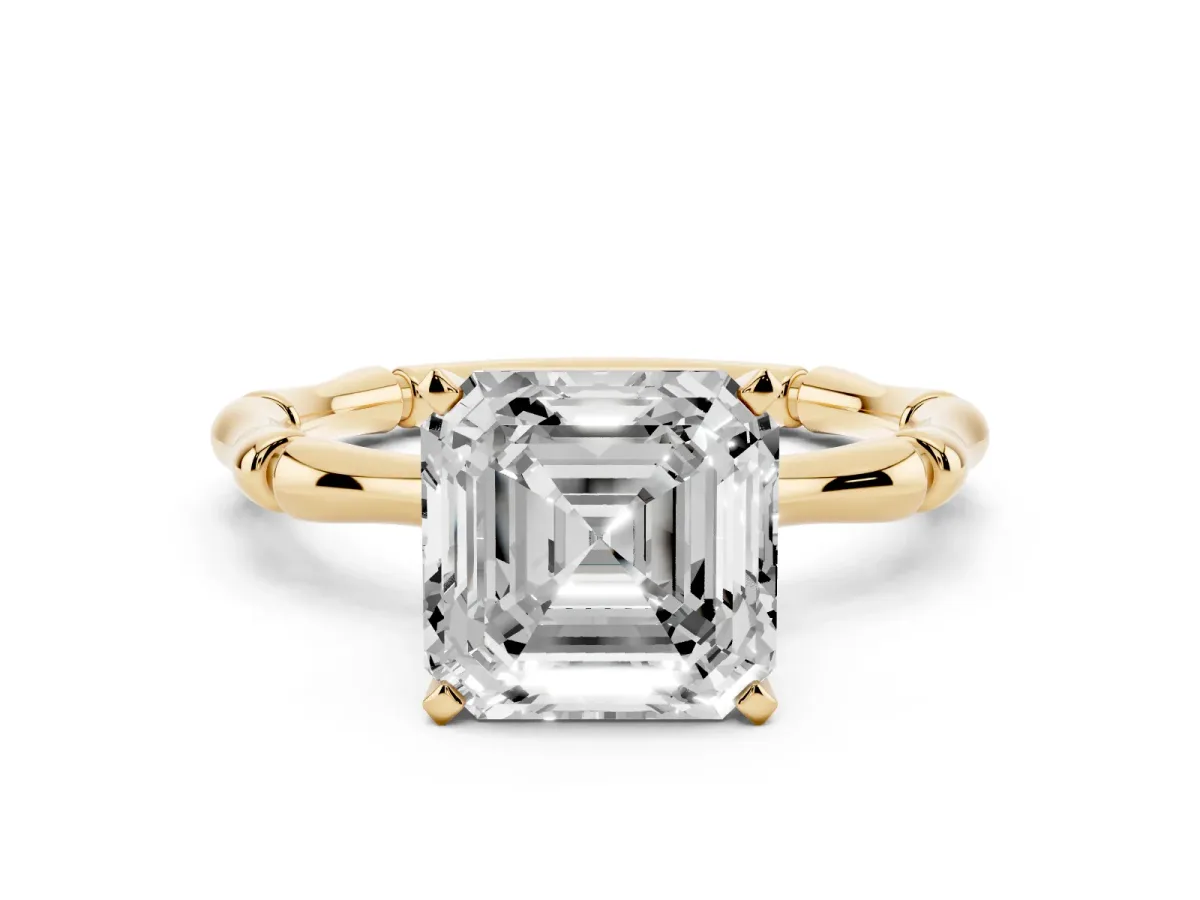 Asscher Cut Solitaire Diamond Ring with Bamboo Band and Four-Prong Setting Yellow gold