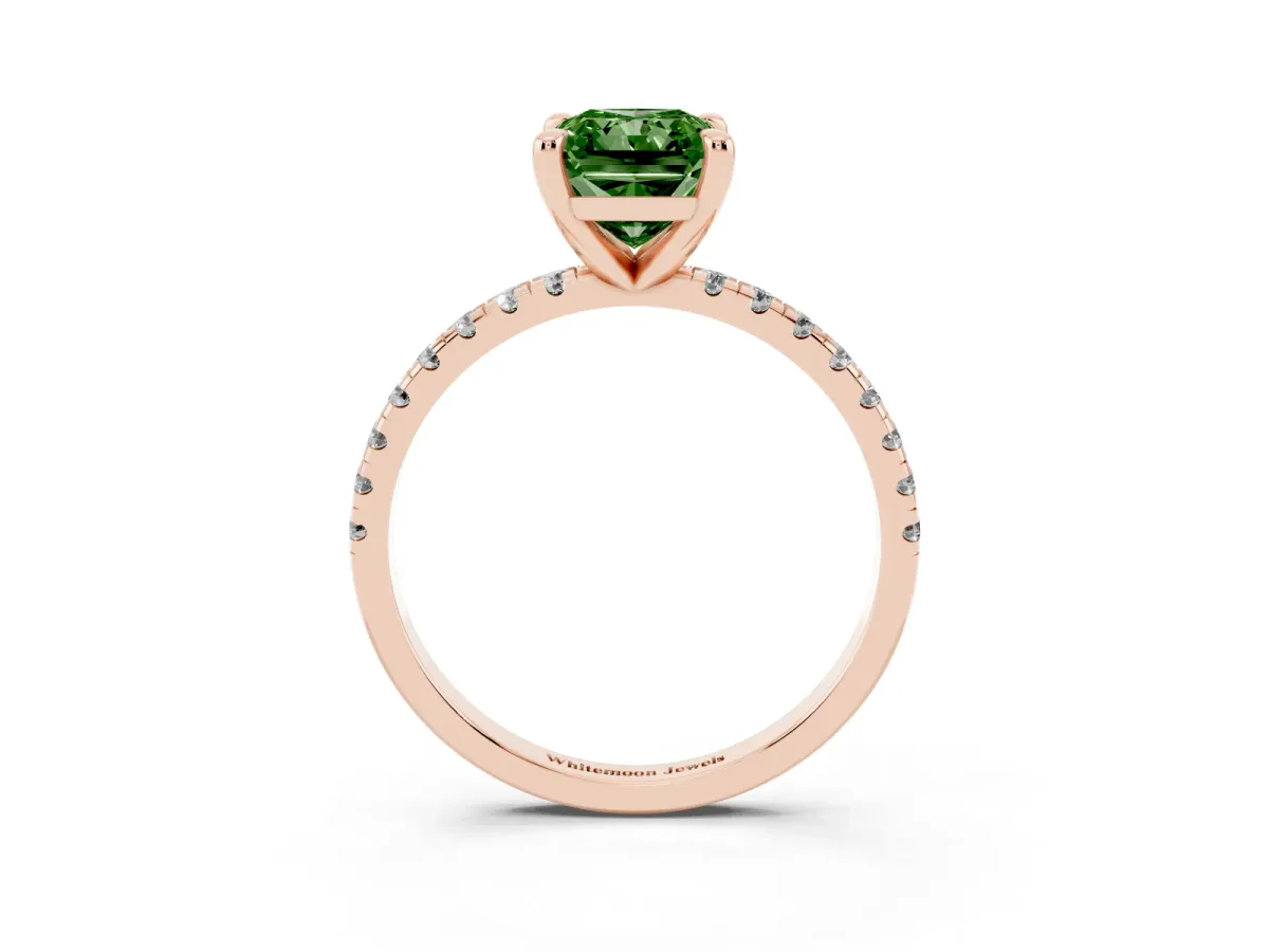 Fancy Green Radiant Cut Diamond Brilliant Solitaire Ring with Pavé Band and Four-Prong Setting Rose gold