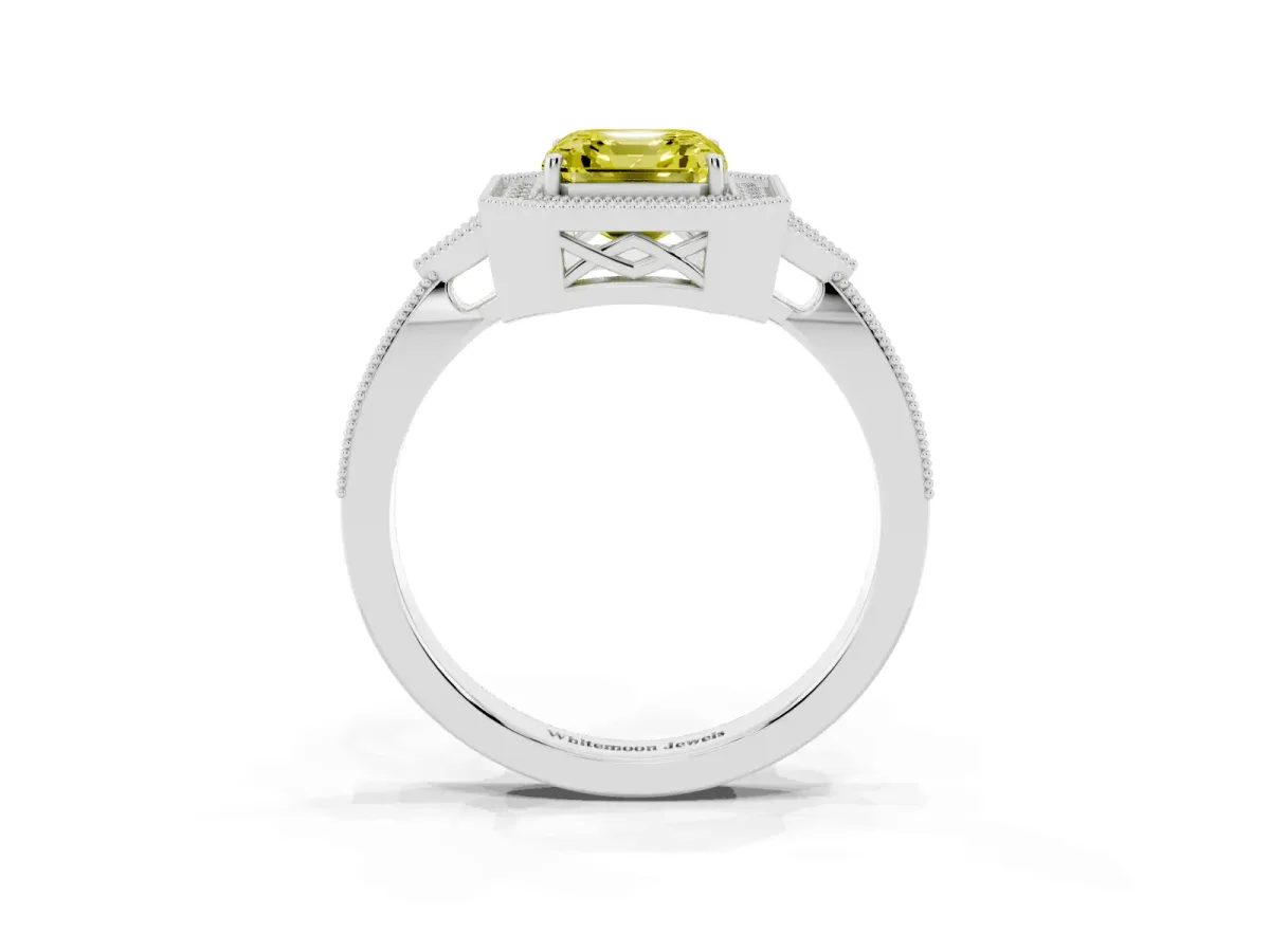 Fancy Yellow Asscher Cut Halo Round Diamond Milgrain Pave Engagement Ring White gold
