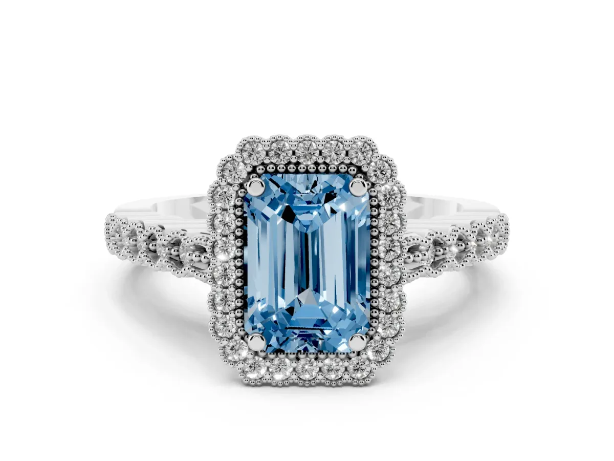 Fancy Blue Emerald Cut Cut Halo Pavé Solitaire Ring with Milgrain Band Silver