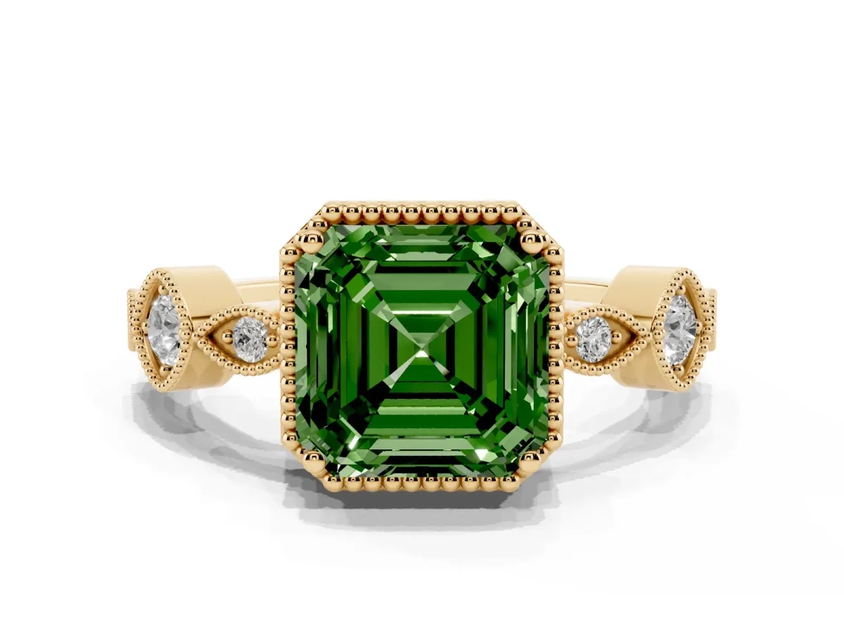 Fancy Green Asscher Cut Diamond Vintage Milgrain Ring with Round Stations Yellow gold