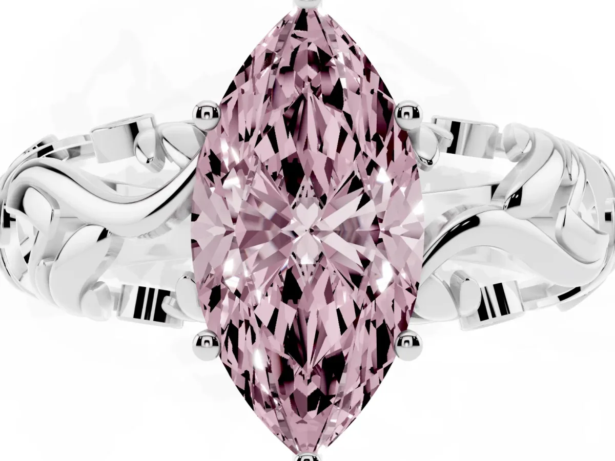 Fancy Pink Marquise Cut Solitaire Diamond Leaf-Inspired Vine Band Ring with Prong Setting Silver