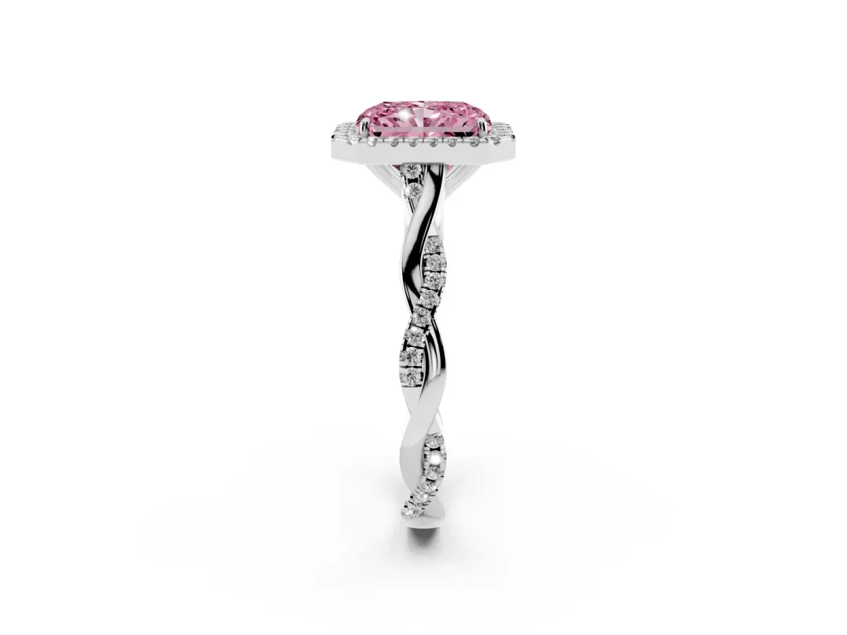 Fancy Pink Radiant Cut Halo Twist Band Solitaire Ring Silver