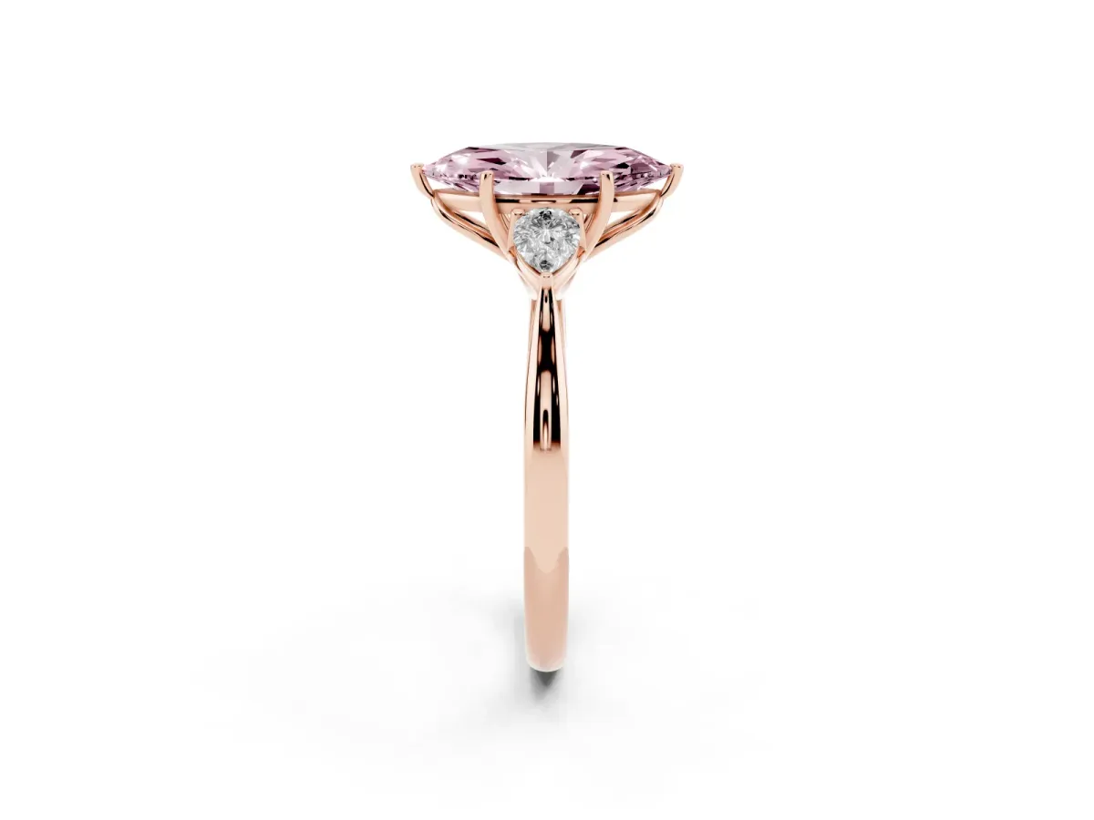 Fancy Pink Three-Stone Marquise Cut Brilliant Diamond Solitaire Ring with Tapered Band and Four-Prong Setting Rose gold