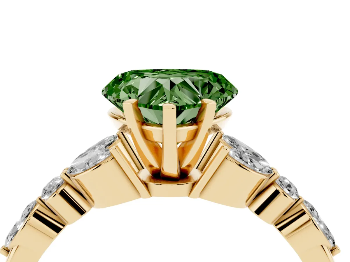 Fancy Green Heart Cut Diamond Solitaire Ring with Side Stones and Four-Prong Setting Yellow gold
