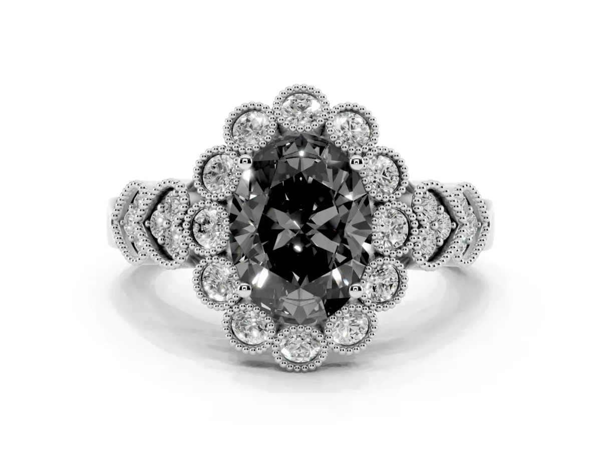 Fancy Black Oval Cut Brilliant Milgrain Pave Heart Band Solitaire Ring Silver