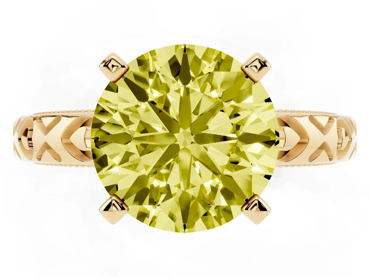 Fancy Yellow Round Cut Solitaire Diamond Engagement Ring with XO Engraved Band and Four-Prong Setting Yellow gold