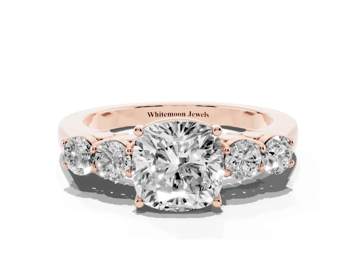 Cushion Cut Cut Diamond Five-Stone Prong Set White Gold Ring Rose gold