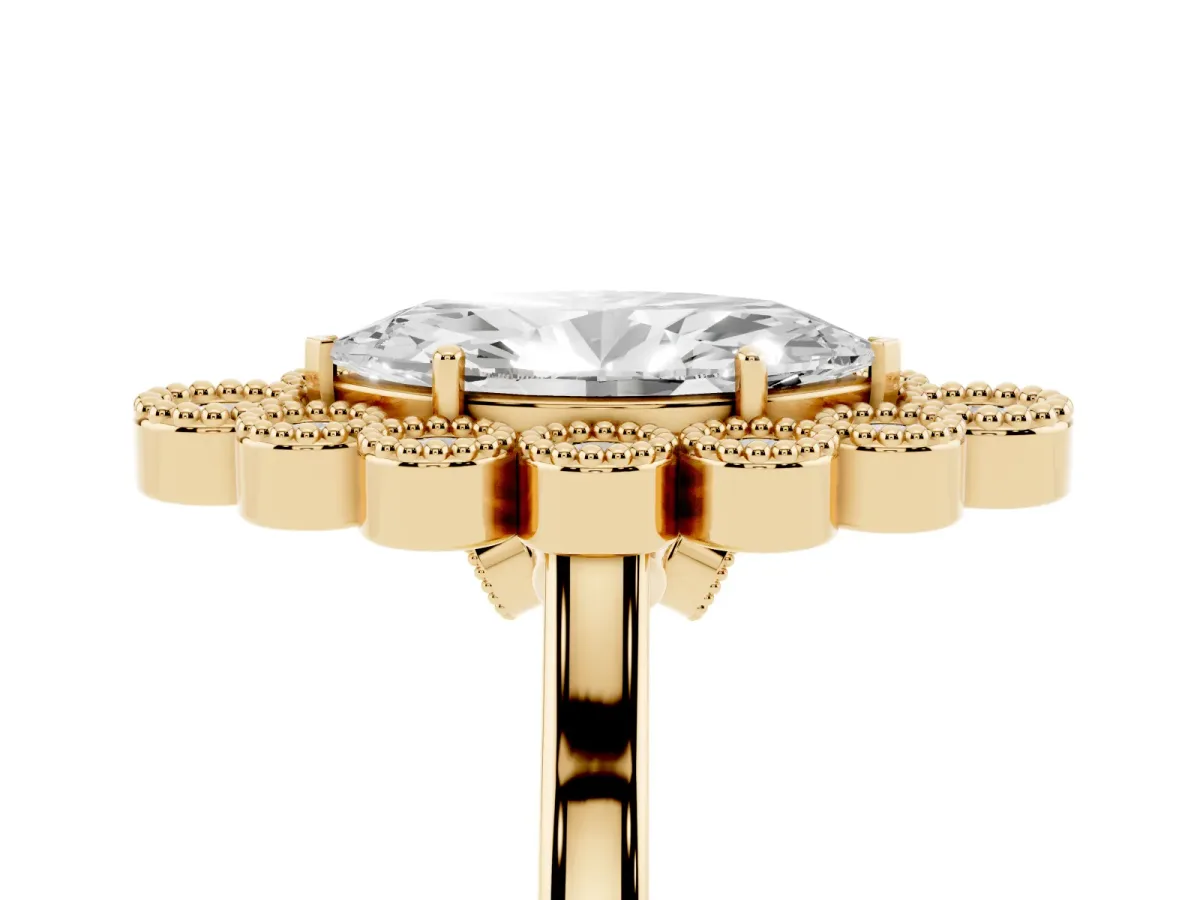 Marquise Cut Halo Diamond Cluster Engagement Ring with Milgrain Bezel Setting and Solitaire Band Yellow gold