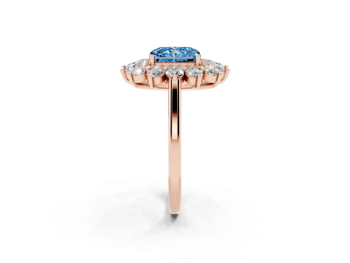 Fancy Blue Radiant Cut Diamond Floral Double Halo Engagement Ring with Prong Setting Rose gold