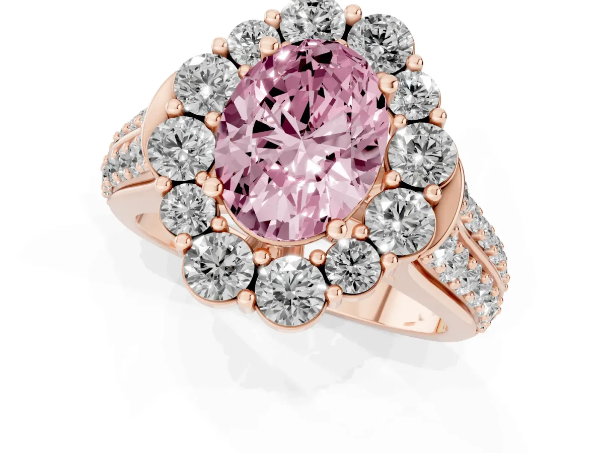 Fancy Pink Oval Cut Halo Diamond Engagement Ring with Split Shank and Prong Setting Rose gold
