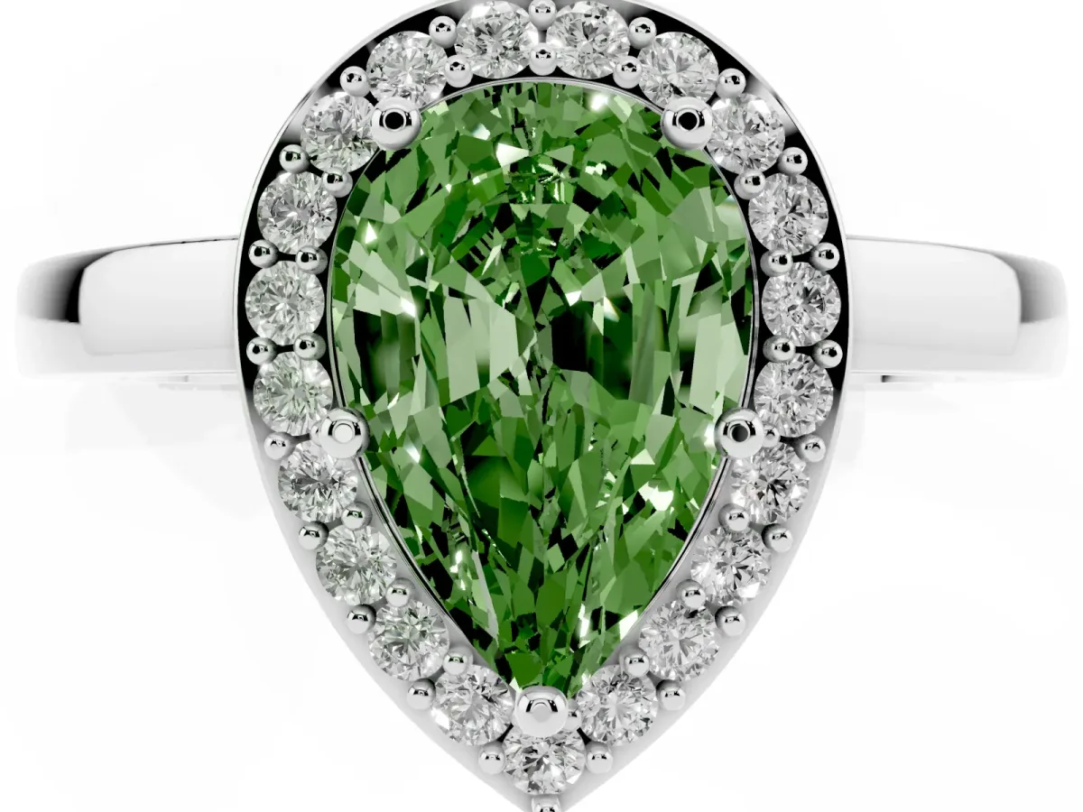 Fancy Green Pear Cut Halo Diamond Ring with Solitaire Band and Prong Setting Silver