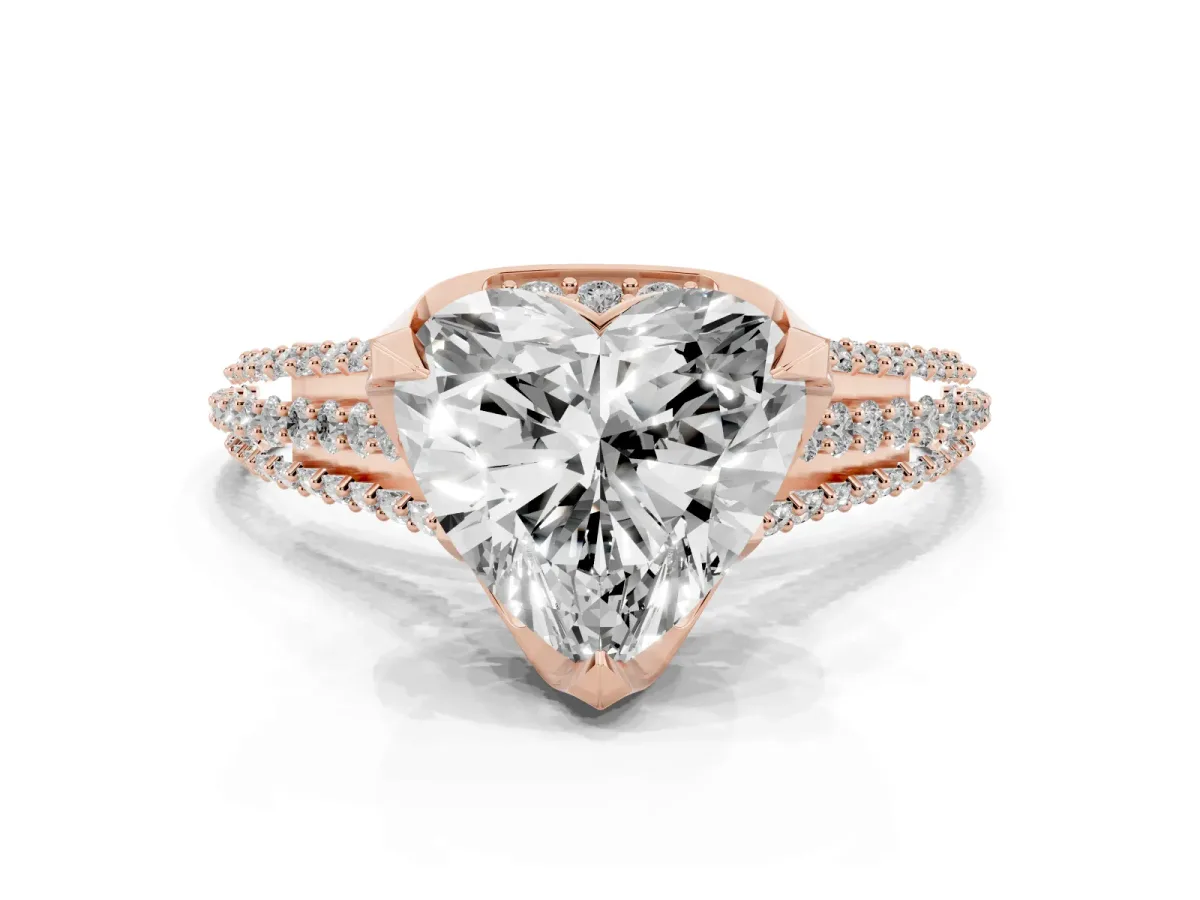 Heart Cut Solitaire Pave Split Shank Ring with Four-Prong Setting Rose gold