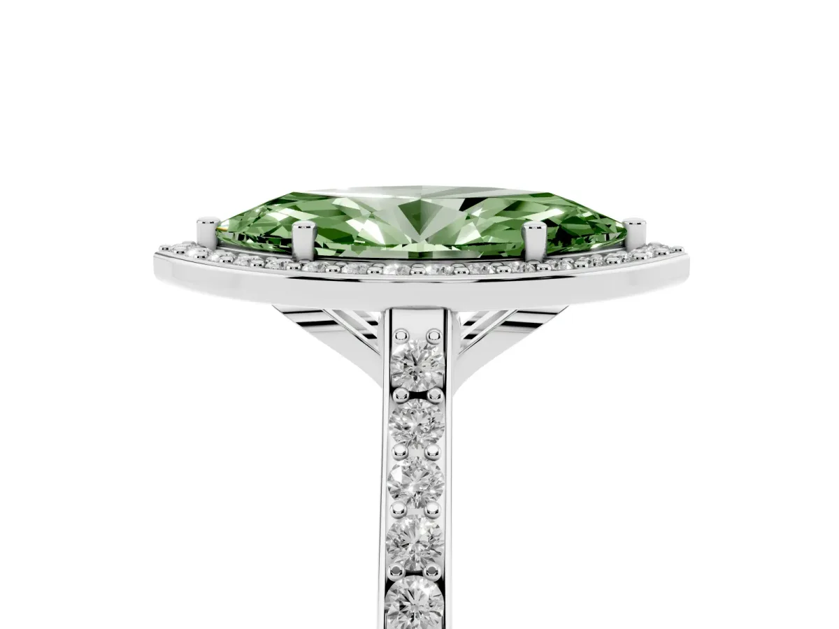 Fancy Green Marquise Cut Diamond Halo Engagement Ring with Round Pavé Shoulders and Prong Setting White gold