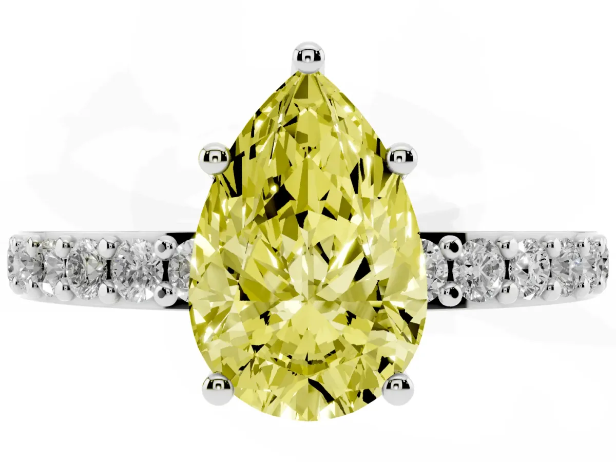 Fancy Yellow Pear Cut Cut Diamond Solitaire with Pave Band and Four-Prong Setting Silver