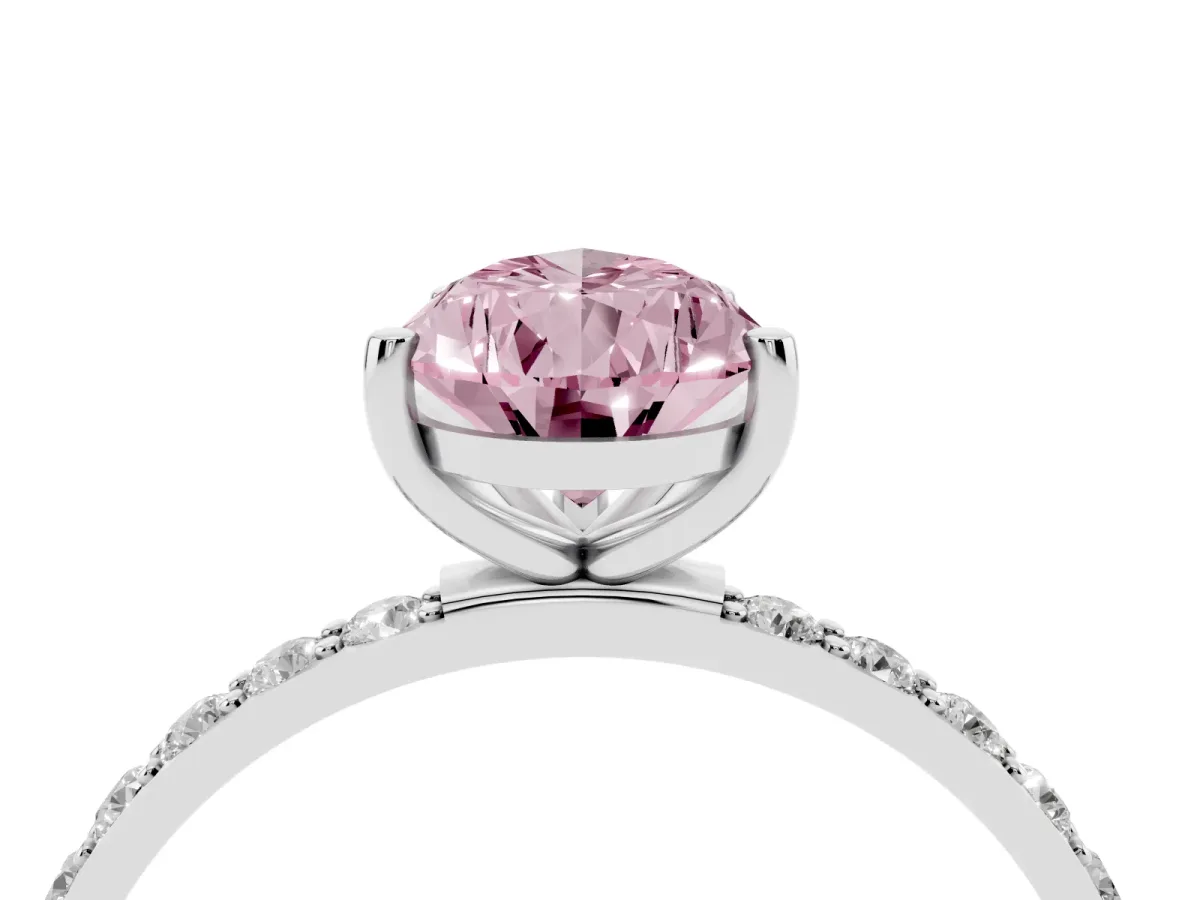 Fancy Pink Pear Cut Diamond Solitaire Ring with Round Pavé Shoulders and Prong Setting Silver