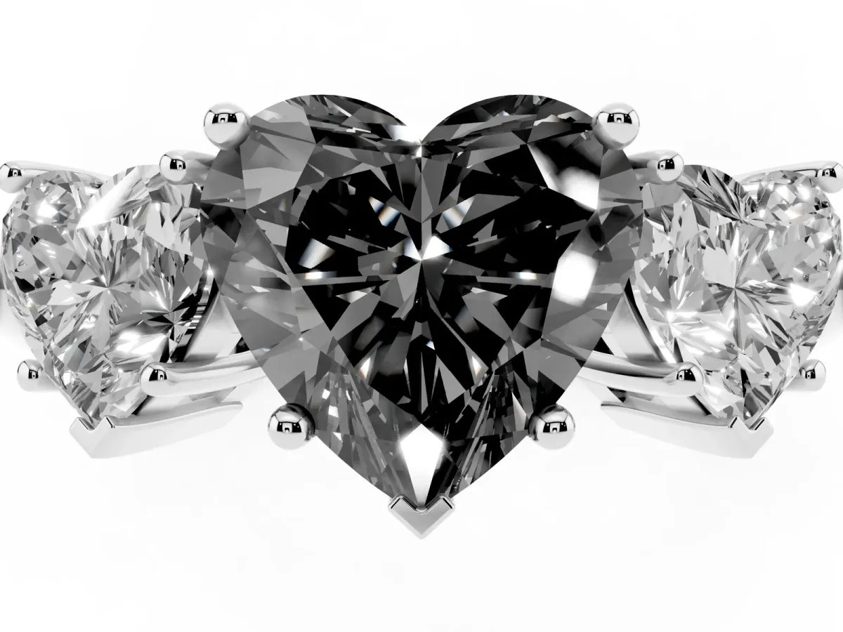 Fancy Black Three-Stone Heart Cut Cut Diamond Engagement Ring with Prong Setting on a White Gold Band Silver