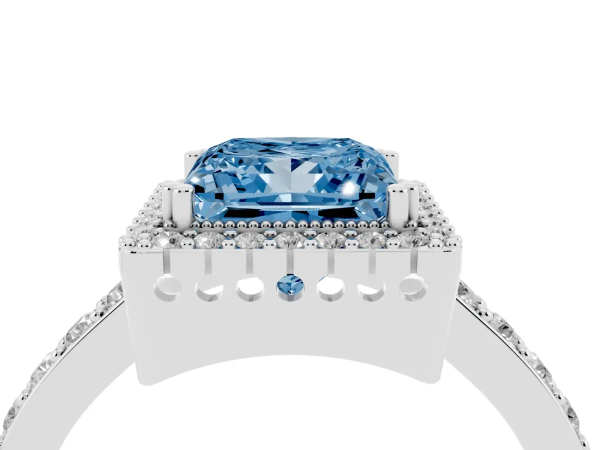 Fancy Blue Princess Cut Cut Diamond Halo Engagement Ring with Milgrain Detail and Pavé Band Platinum