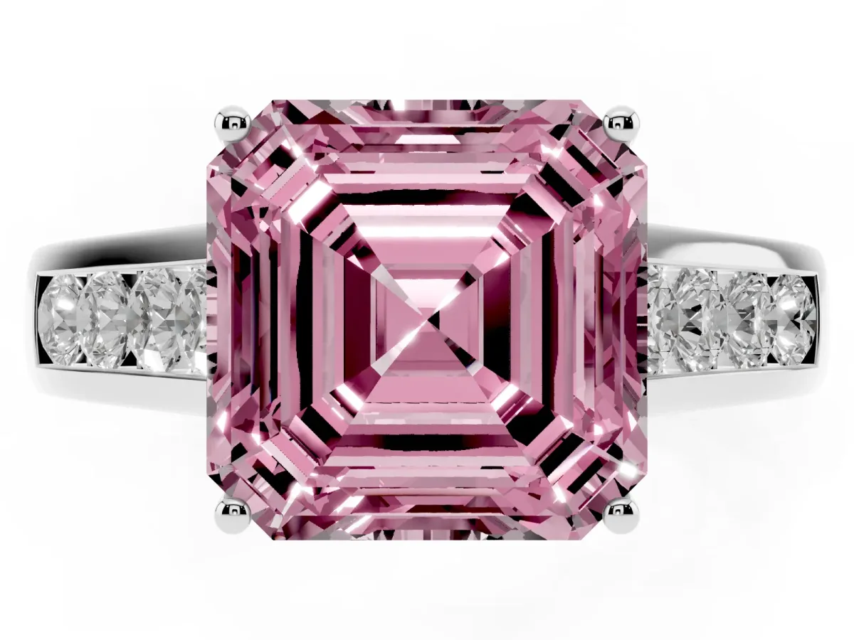Fancy Pink Asscher Cut Solitaire Channel-Set Diamond Engagement Ring with Four-Prong Setting Silver
