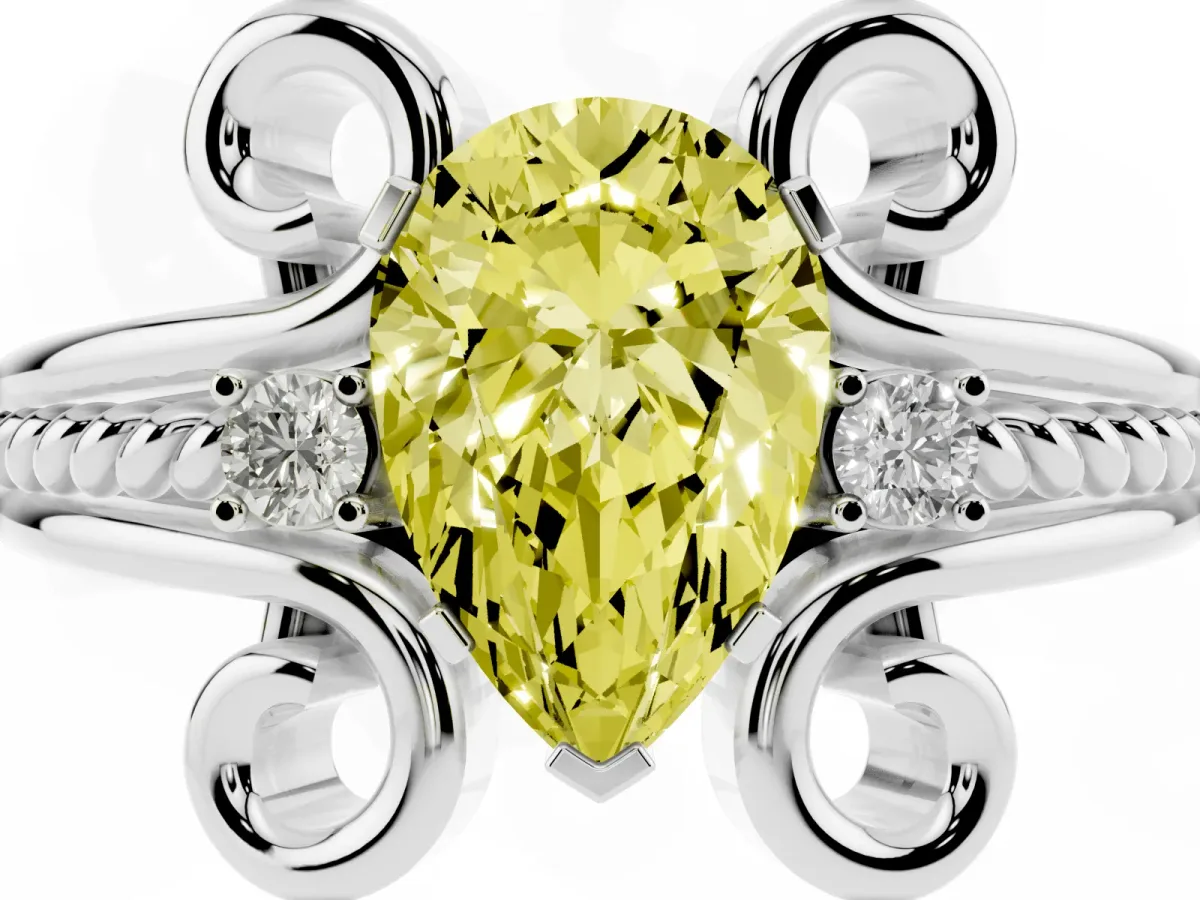 Fancy Yellow Pear Cut Solitaire Twisted Band Scroll Prong Ring Silver