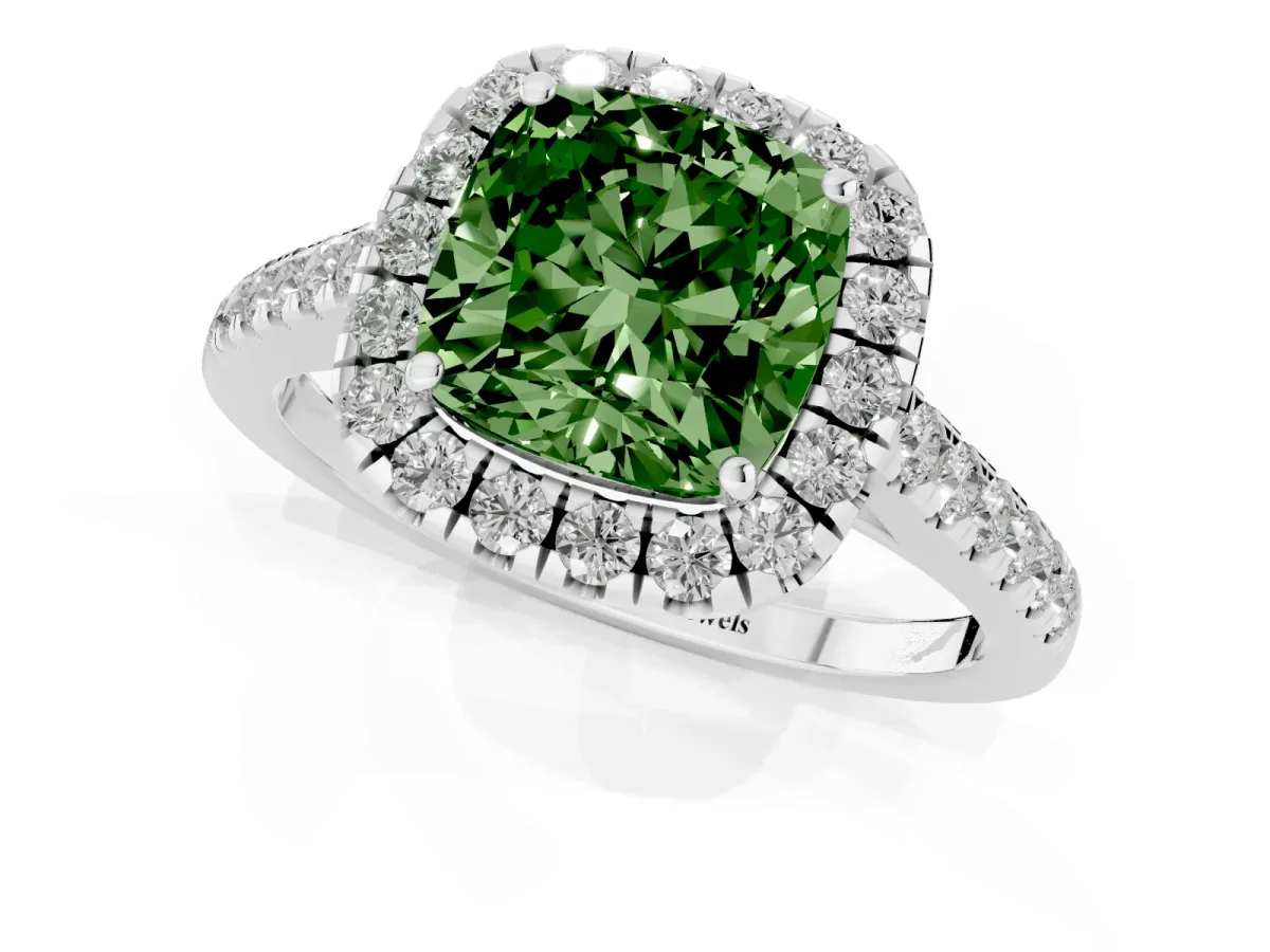 Fancy Green Cushion Cut Halo Pave Diamond Engagement Ring with Four-Prong Setting Platinum