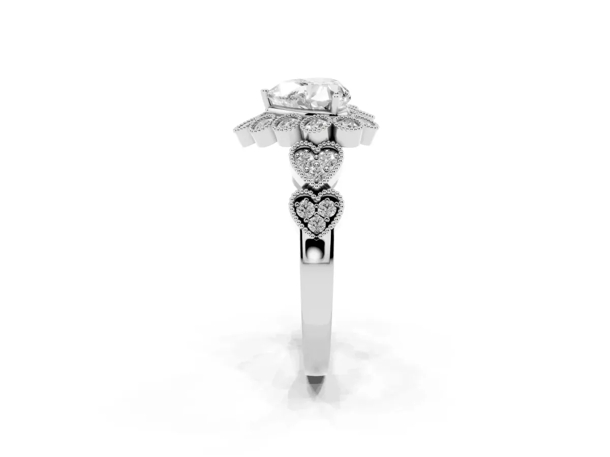 Heart Cut Brilliant Milgrain Pave Heart Band Solitaire Ring White gold