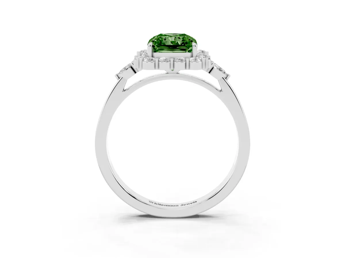 Fancy Green Radiant Cut Diamond Halo Ring with Pear Side Stones and Prong Setting Platinum