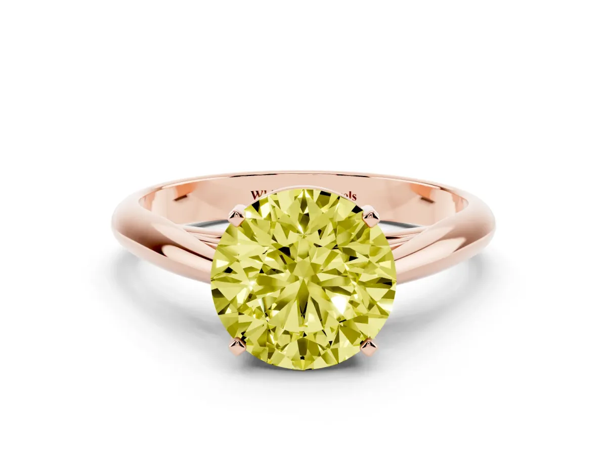 Fancy Yellow Round Cut Diamond Solitaire Engagement Ring with Cathedral Setting and Four-Prong Mount Rose gold