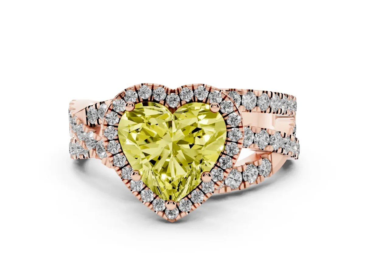 Fancy Yellow Heart Cut Diamond Halo Ring with Round Split Shank and Prong Setting Rose gold
