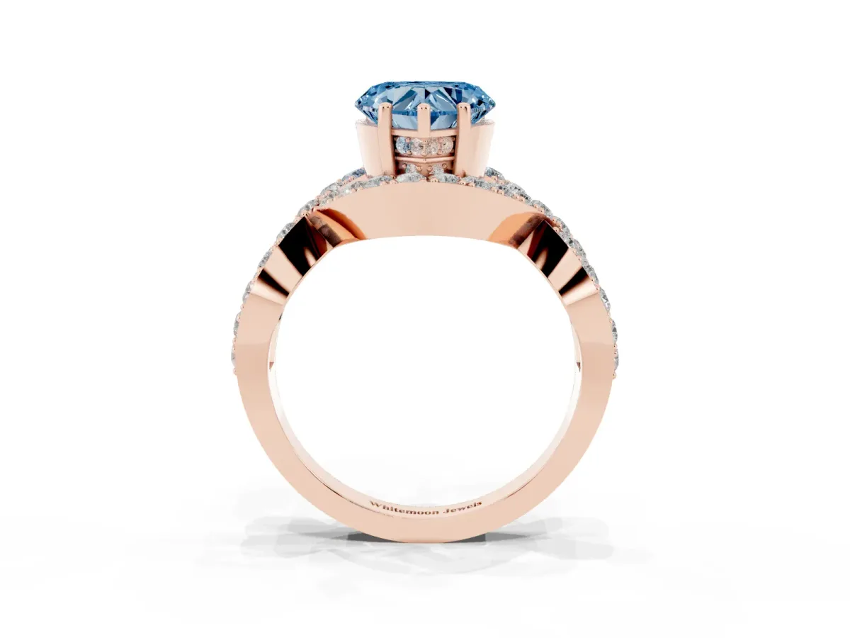 Fancy Blue Heart Cut Solitaire Twist Band Pavé Diamond Engagement Ring Rose gold