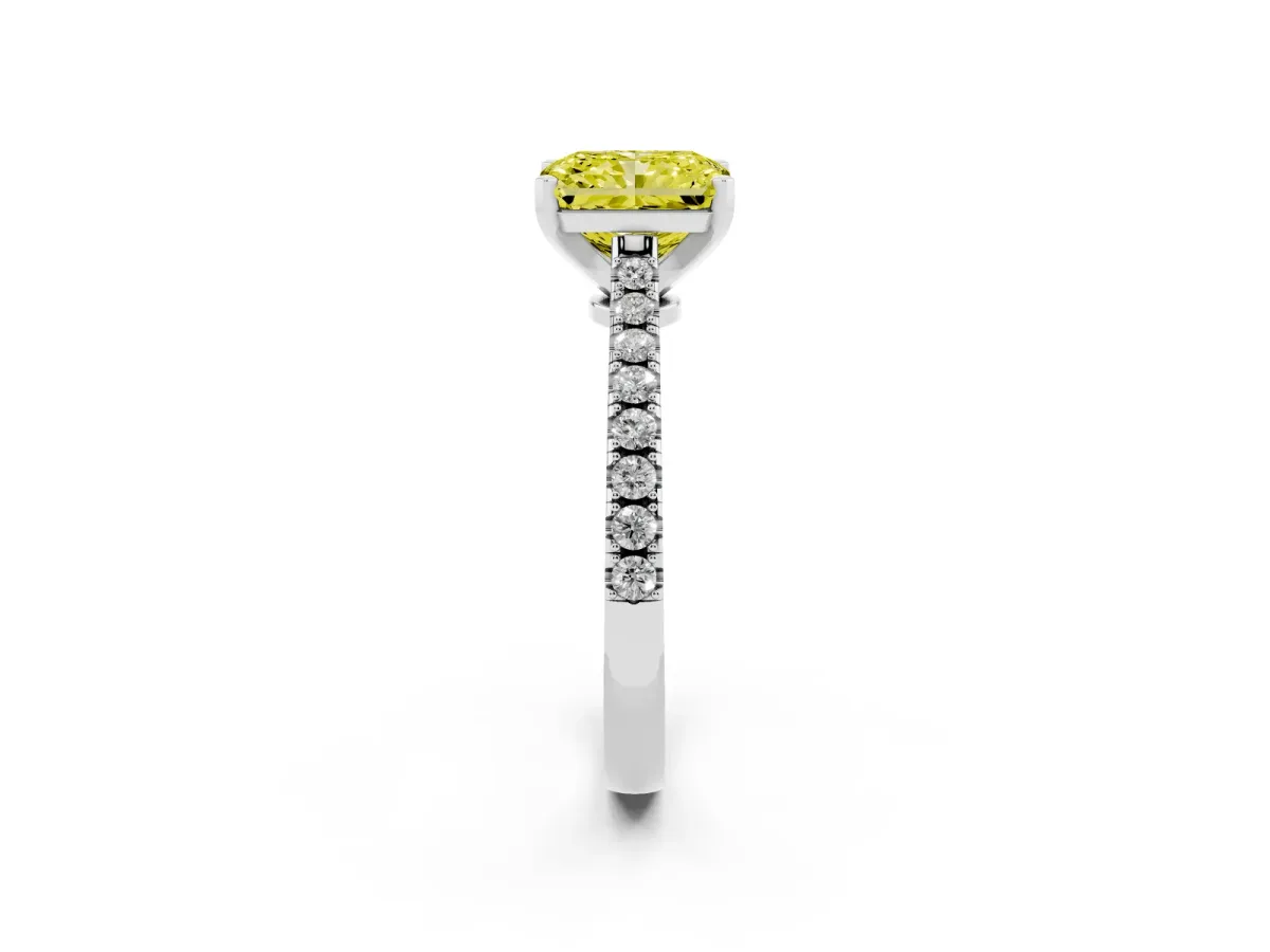 Fancy Yellow Radiant Cut Cut Solitaire Diamond Engagement Ring with Pave Band and Four-Prong Setting Platinum