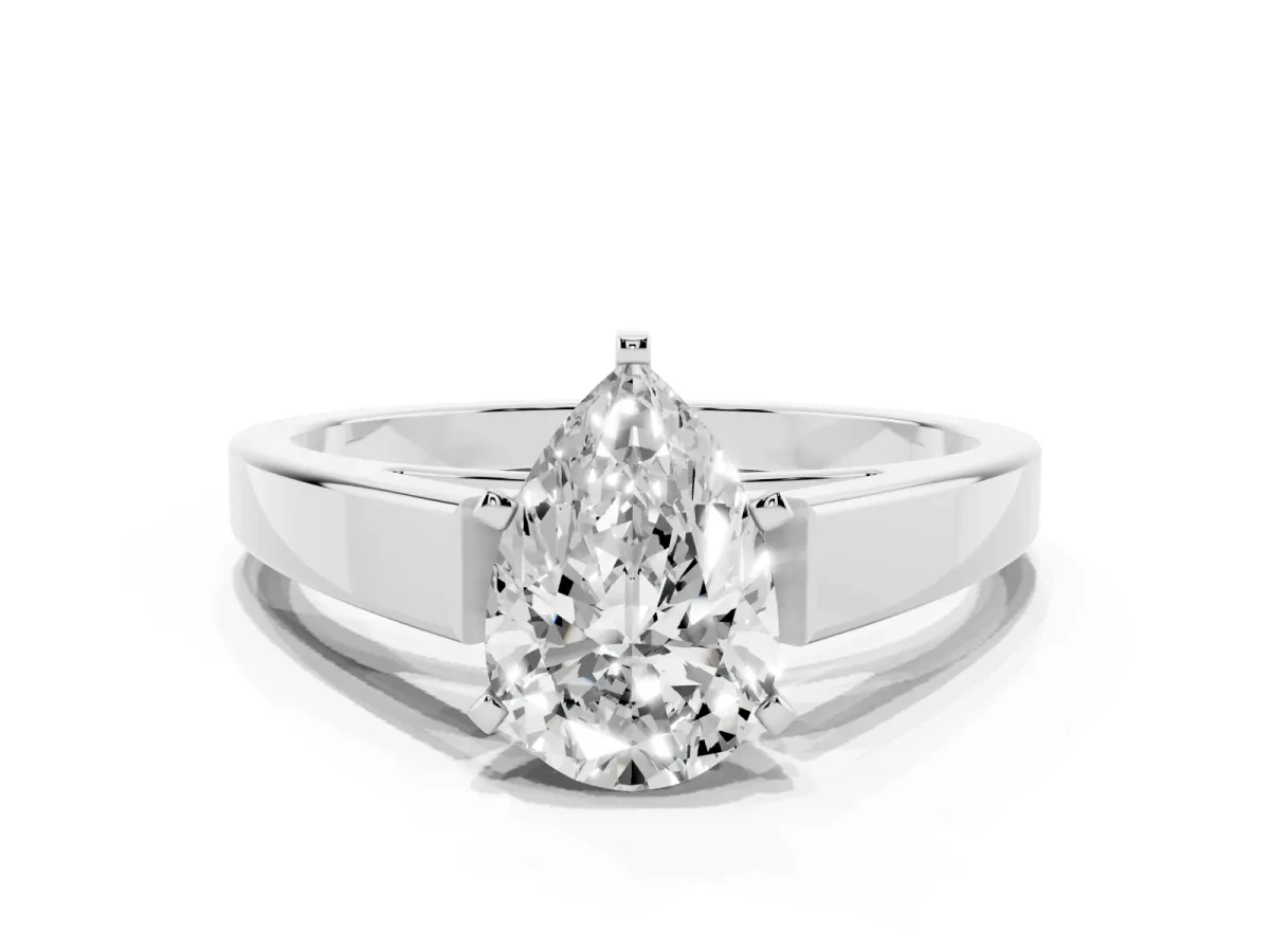 Pear Cut Solitaire Engagement Ring with Four-Prong Setting and Tapered Band Silver