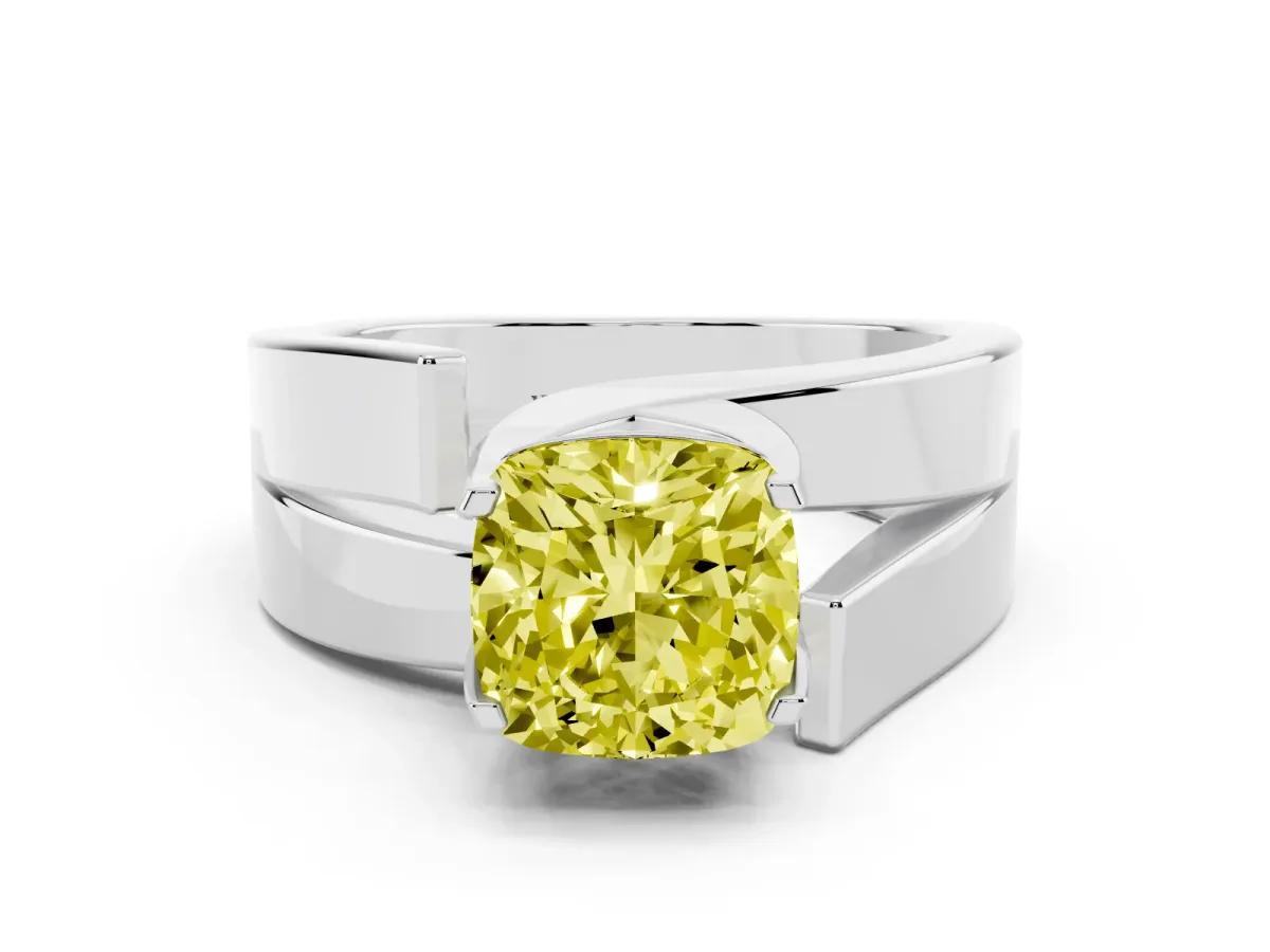 Fancy Yellow Modern Tension Set Cushion Cut Diamond Solitaire Wide Band Ring Platinum