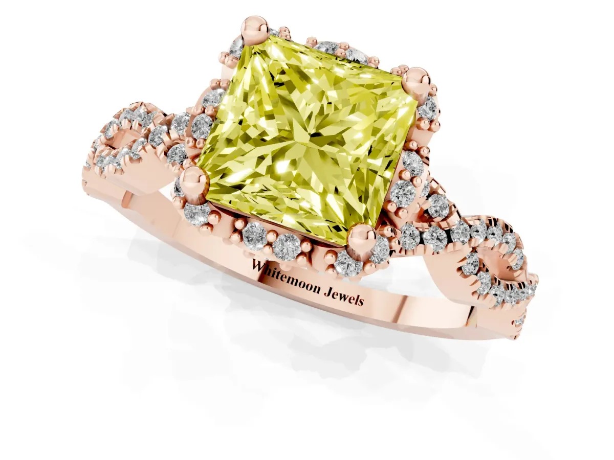 Fancy Yellow Princess Cut Halo Twist Band Solitaire Ring with Six-Prong Setting Rose gold