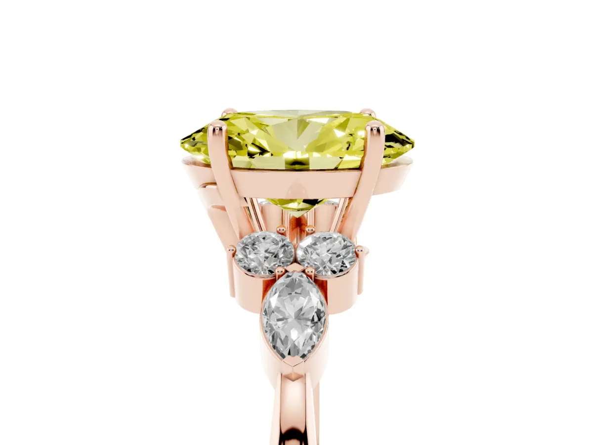 Fancy Yellow Oval Cut Brilliant Diamond Solitaire Ring with Pear Side Stones and Four-Prong Setting Rose gold