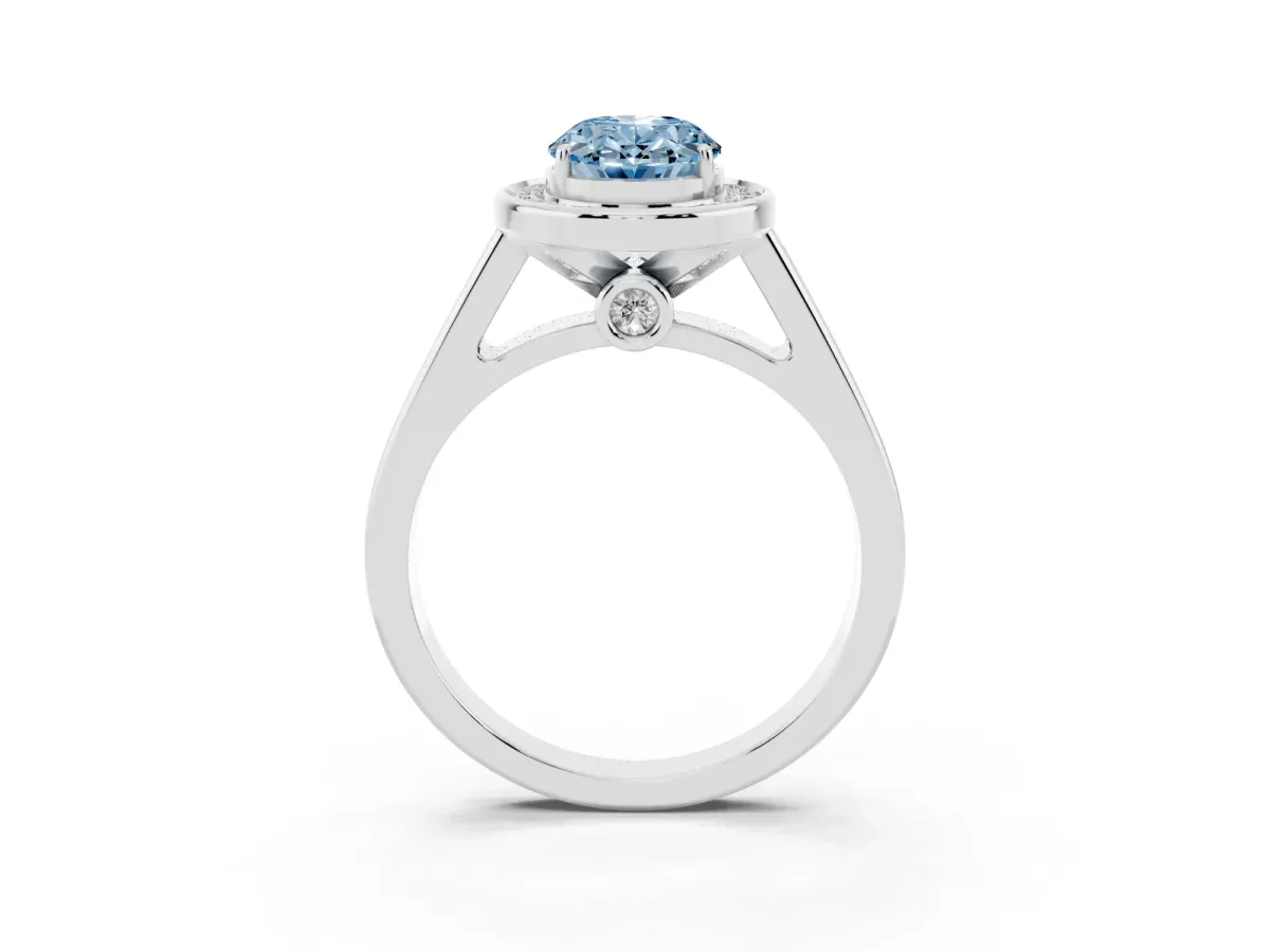 Fancy Blue Oval Cut Halo Solitaire Diamond Ring with Pave Band and Bezel Setting Silver