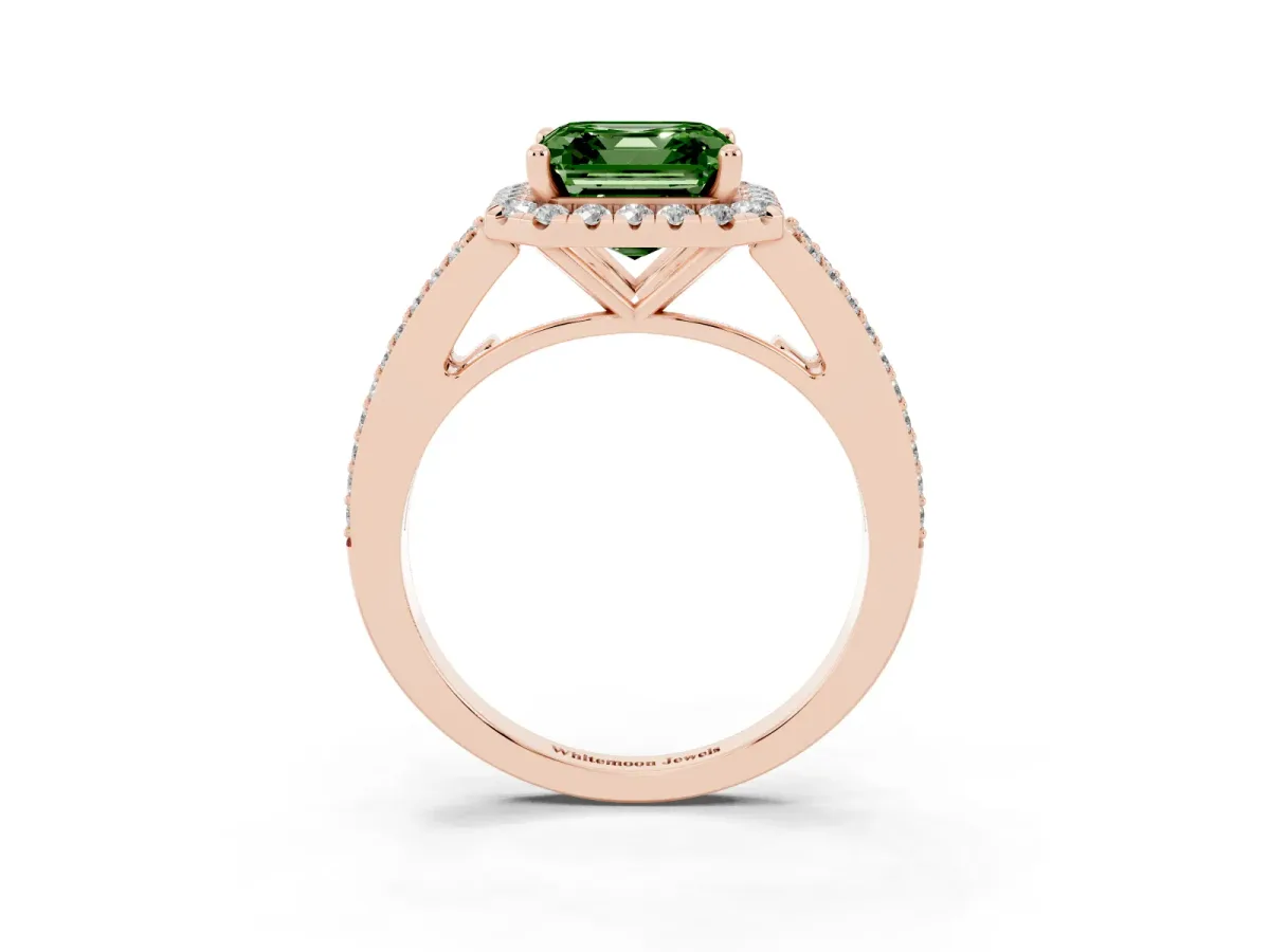 Fancy Green Asscher Cut Halo Split Shank Diamond Ring with Prong Setting Rose gold