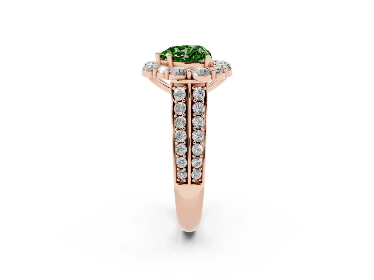 Fancy Green Heart Cut Halo Diamond Engagement Ring with Split Shank and Prong Setting Rose gold