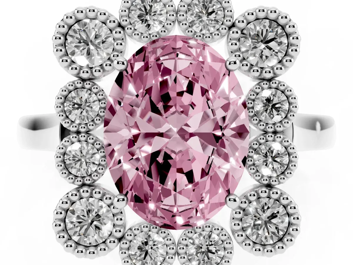 Fancy Pink Oval Cut Halo Diamond Cluster Engagement Ring with Milgrain Bezel Setting and Solitaire Band White gold