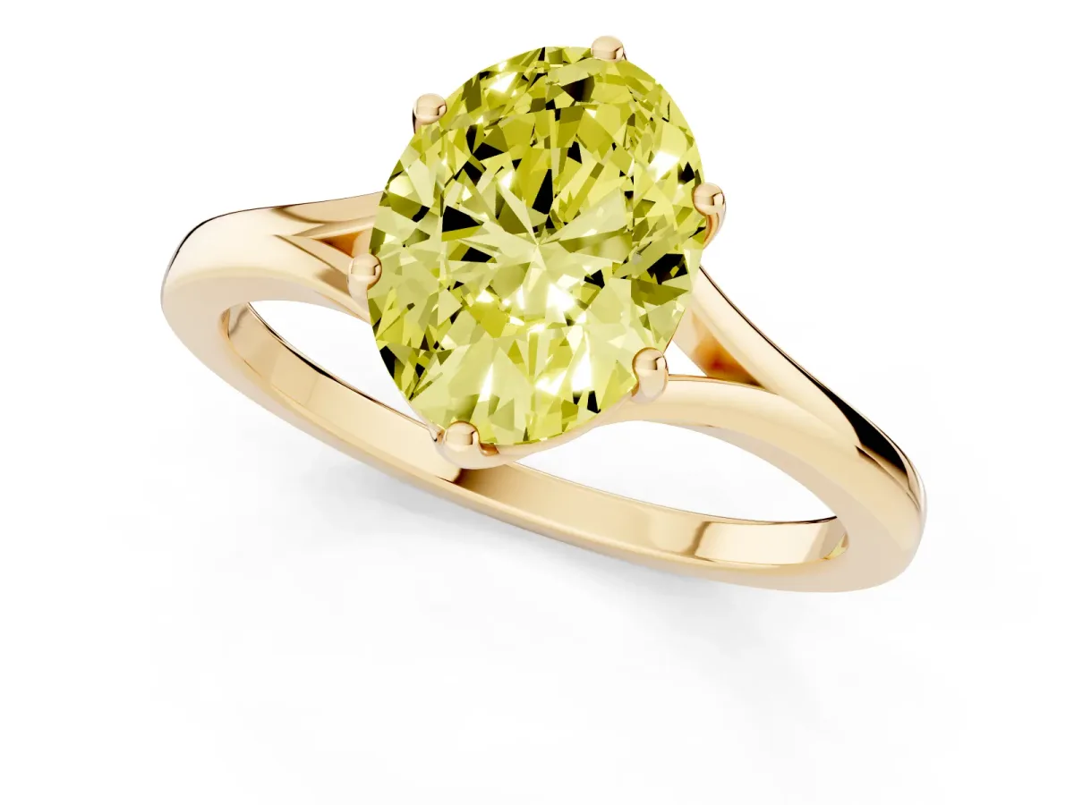 Fancy Yellow Oval Cut Solitaire Diamond Ring with Six-Prong Setting and Tapered Band Yellow gold