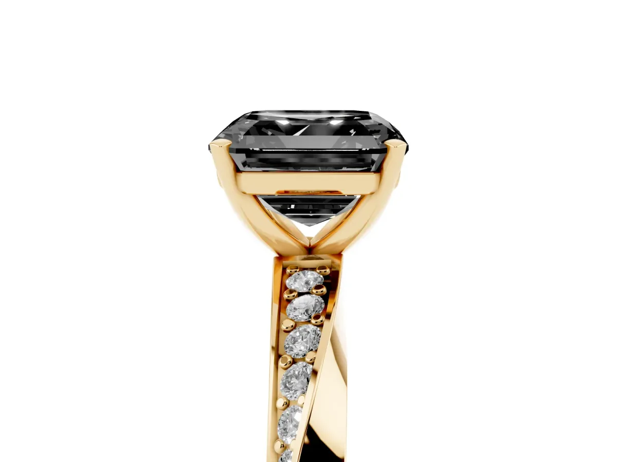 Fancy Black Asscher Cut Diamond Engagement Ring with Side Stone Accents and Four-Prong Setting Yellow gold