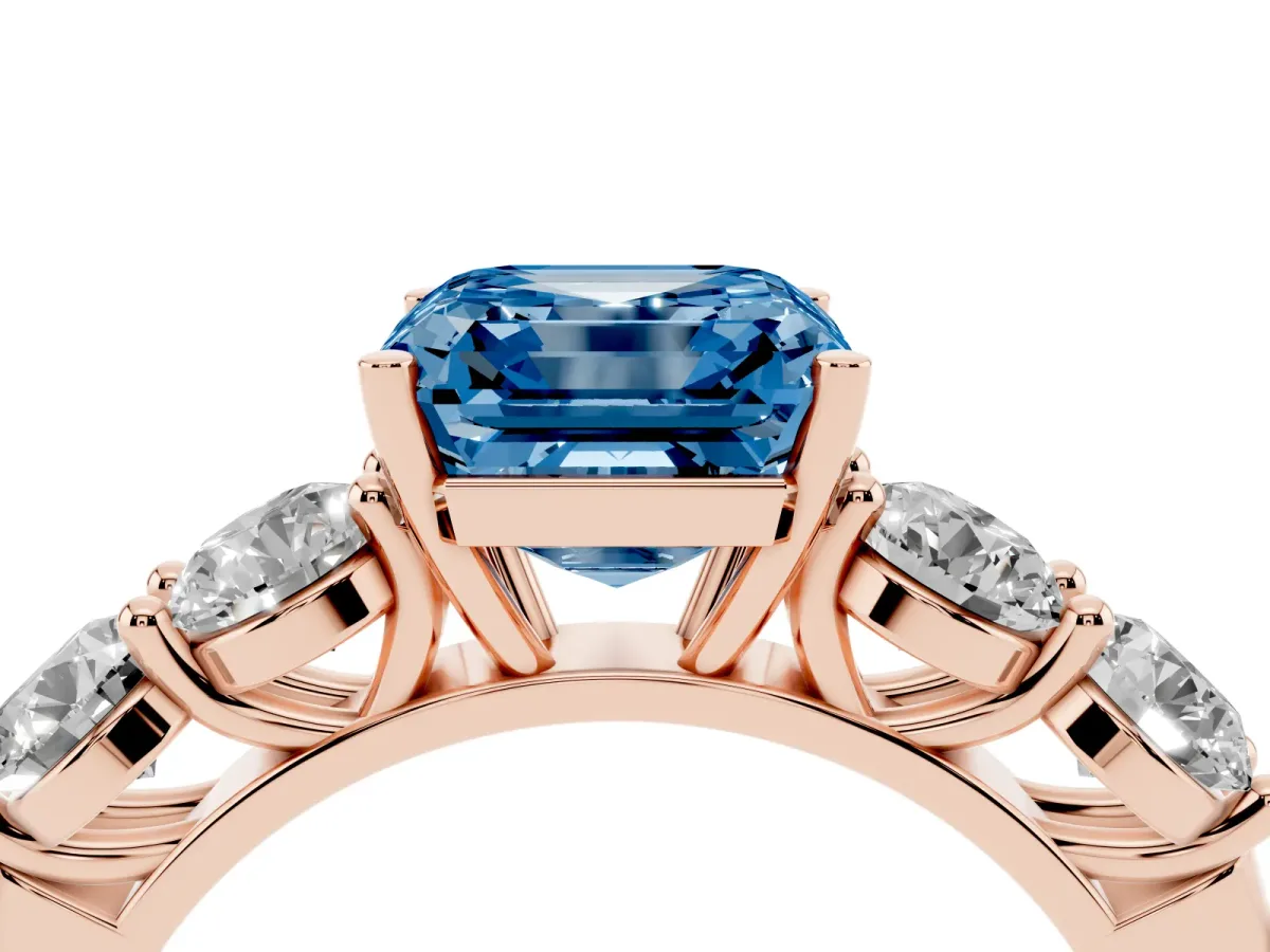 Fancy Blue Asscher Cut Cut Five-Stone Prong Set Diamond Ring with Classic Band Rose gold