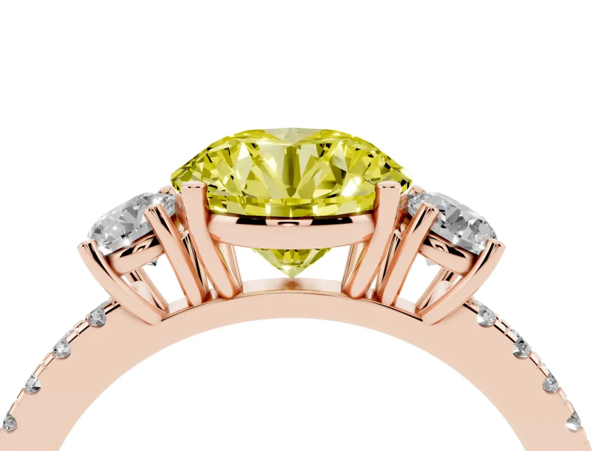 Fancy Yellow Three-Stone Round Cut Cut Diamond Pavé Band with Prong Setting Rose gold