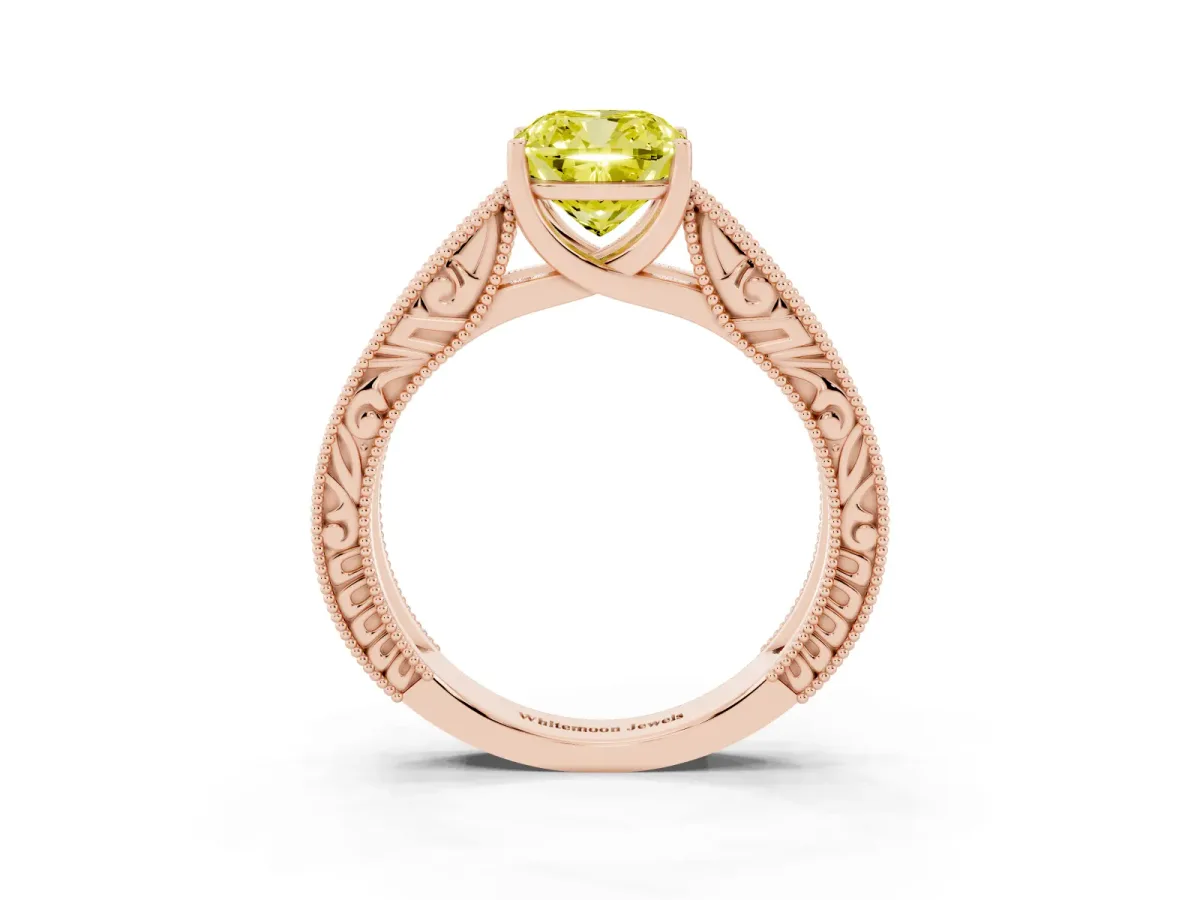 Fancy Yellow Cushion Cut Diamond Solitaire Ring with Engraved Band and Four-Prong Setting Rose gold