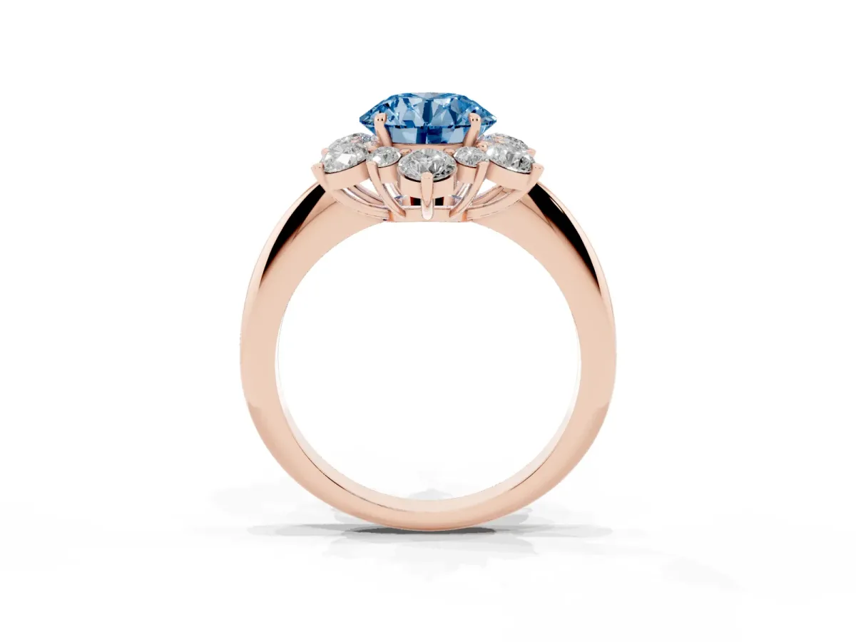 Fancy Blue Round Cut Diamond Cluster Halo Ring with Solitaire Band and Four-Prong Setting Rose gold
