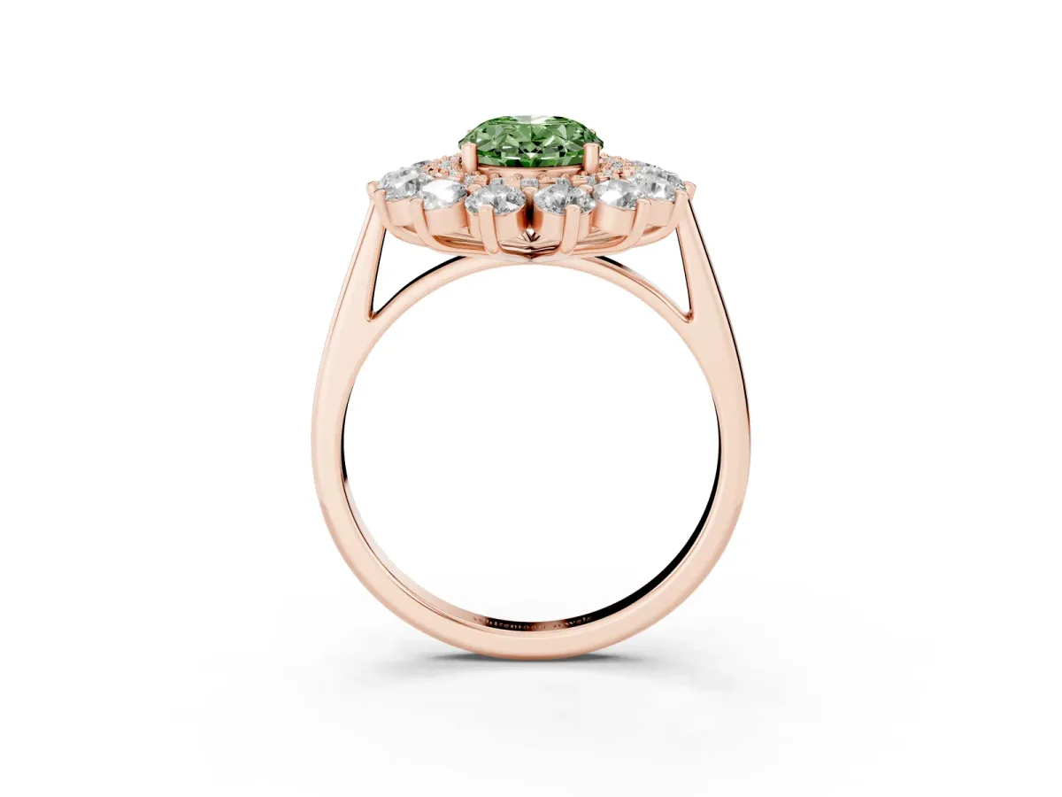 Fancy Green Oval Cut Diamond Floral Double Halo Engagement Ring with Prong Setting Rose gold