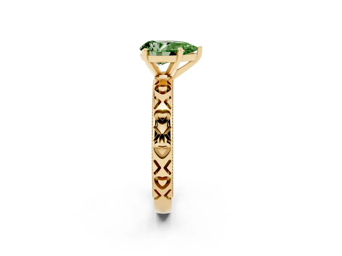 Fancy Green Pear Cut Solitaire Diamond Engagement Ring with XO Engraved Band and Four-Prong Setting Yellow gold