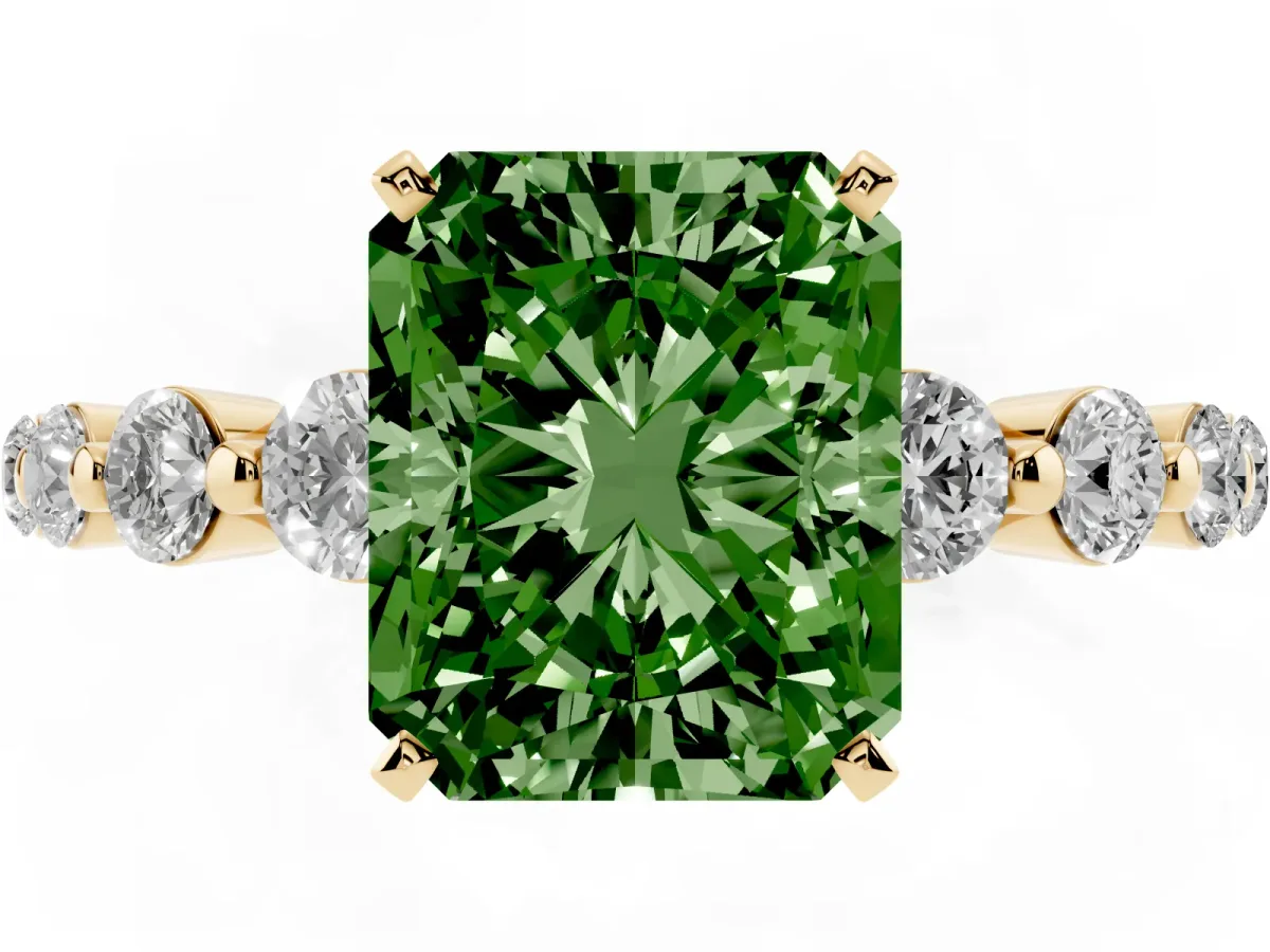 Fancy Green Radiant Cut Solitaire Diamond Ring with Pave Band and Four-Prong Setting Yellow gold